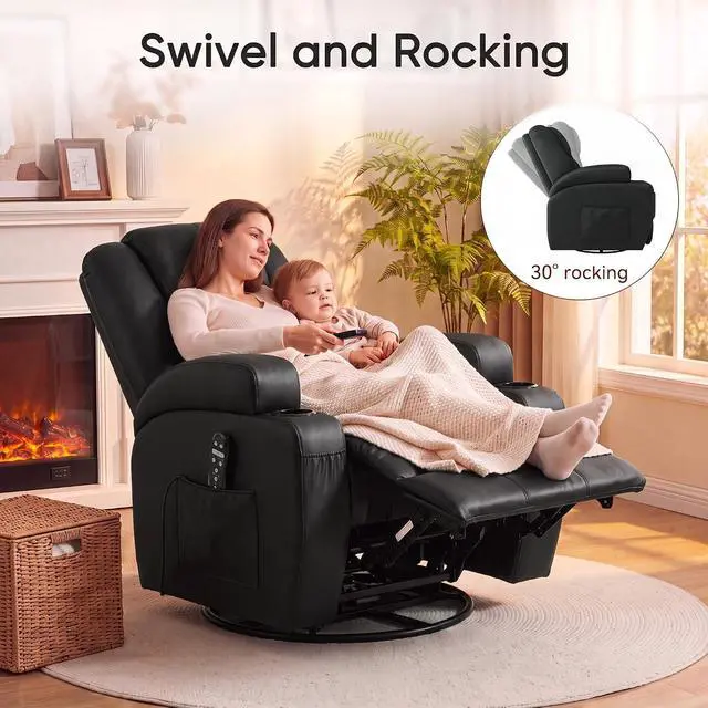 Alt view image 6 of 7 - Recliner Chair, 360° Swivel Rocker Chair for Adults, Rocking Recliner Chair with Massage, Comfy Single Sofa with Side Pockets Cup Holders for Living Room, Bedroom, Nursery (Leather, Black)