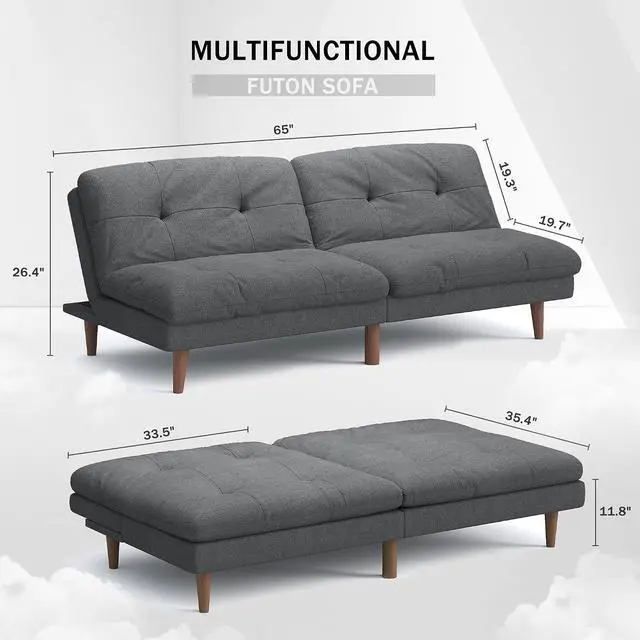 Alt view image 2 of 7 - Convertible Futon Sofa Bed Futon Couch with Adjustable Back Upholstered Sleeper Sofa Bed for Living Room Furniture (Fabric,Grey)