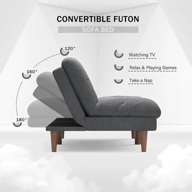Alt view image 3 of 7 - Convertible Futon Sofa Bed Futon Couch with Adjustable Back Upholstered Sleeper Sofa Bed for Living Room Furniture (Fabric,Grey)
