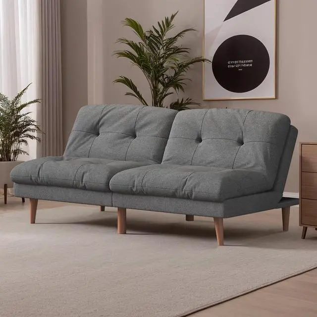 Alt view image 4 of 7 - Convertible Futon Sofa Bed Futon Couch with Adjustable Back Upholstered Sleeper Sofa Bed for Living Room Furniture (Fabric,Grey)