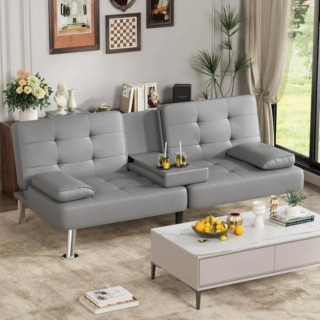 Alt view image 2 of 7 - Faux Leather Futon Sofa Bed Futon Couch with Removable Armrests Adjustable Sleeper Sofa Bed with 2 Cup Holders for Living Room (PU Leather, Grey)
