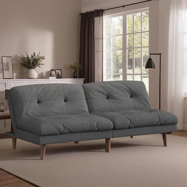 Alt view image 7 of 7 - Convertible Futon Sofa Bed Futon Couch with Adjustable Back Upholstered Sleeper Sofa Bed for Living Room Furniture (Fabric,Grey)