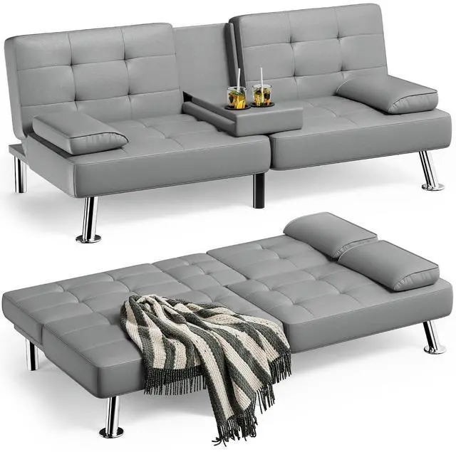 Main image of Faux Leather Futon Sofa Bed Futon Couch with Removable Armrests Adjustable Sleeper Sofa Bed with 2 Cup Holders for Living Room (PU Leather, Grey)