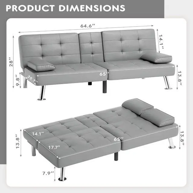 Alt view image 3 of 7 - Faux Leather Futon Sofa Bed Futon Couch with Removable Armrests Adjustable Sleeper Sofa Bed with 2 Cup Holders for Living Room (PU Leather, Grey)
