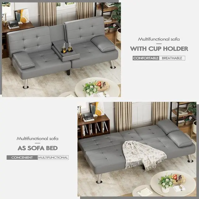 Alt view image 4 of 7 - Faux Leather Futon Sofa Bed Futon Couch with Removable Armrests Adjustable Sleeper Sofa Bed with 2 Cup Holders for Living Room (PU Leather, Grey)