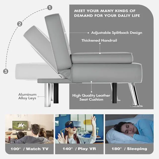 Alt view image 5 of 7 - Faux Leather Futon Sofa Bed Futon Couch with Removable Armrests Adjustable Sleeper Sofa Bed with 2 Cup Holders for Living Room (PU Leather, Grey)
