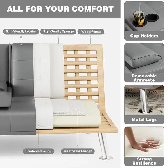 Alt view image 6 of 7 - Faux Leather Futon Sofa Bed Futon Couch with Removable Armrests Adjustable Sleeper Sofa Bed with 2 Cup Holders for Living Room (PU Leather, Grey)