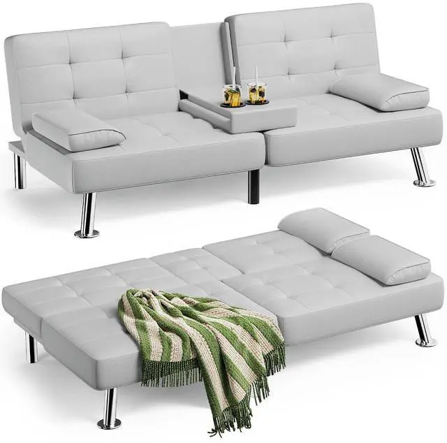 Main image of Faux Leather Futon Sofa Bed Futon Couch with Removable Armrests Adjustable Sleeper Sofa Bed with 2 Cup Holders for Living Room (PU Leather, White)