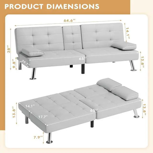 Alt view image 3 of 7 - Faux Leather Futon Sofa Bed Futon Couch with Removable Armrests Adjustable Sleeper Sofa Bed with 2 Cup Holders for Living Room (PU Leather, White)