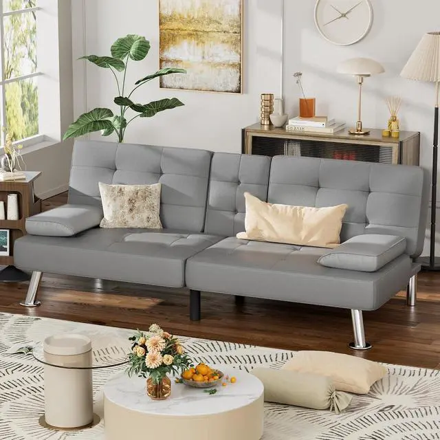 Alt view image 7 of 7 - Faux Leather Futon Sofa Bed Futon Couch with Removable Armrests Adjustable Sleeper Sofa Bed with 2 Cup Holders for Living Room (PU Leather, Grey)
