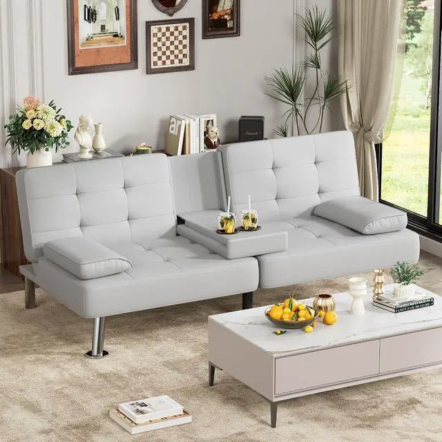 Alt view image 2 of 7 - Faux Leather Futon Sofa Bed Futon Couch with Removable Armrests Adjustable Sleeper Sofa Bed with 2 Cup Holders for Living Room (PU Leather, White)