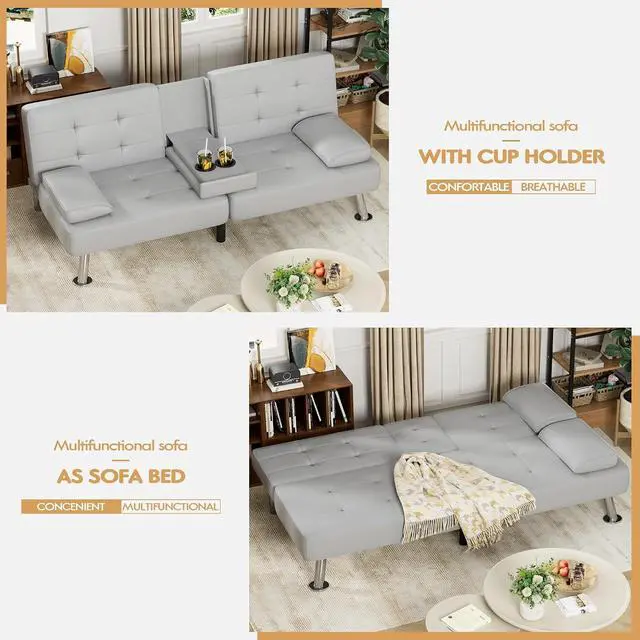 Alt view image 4 of 7 - Faux Leather Futon Sofa Bed Futon Couch with Removable Armrests Adjustable Sleeper Sofa Bed with 2 Cup Holders for Living Room (PU Leather, White)