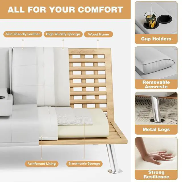Alt view image 6 of 7 - Faux Leather Futon Sofa Bed Futon Couch with Removable Armrests Adjustable Sleeper Sofa Bed with 2 Cup Holders for Living Room (PU Leather, White)