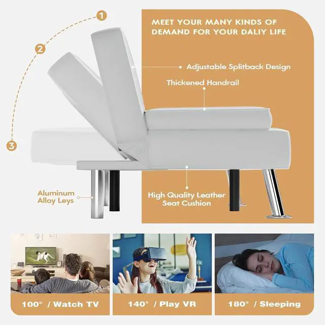 Alt view image 5 of 7 - Faux Leather Futon Sofa Bed Futon Couch with Removable Armrests Adjustable Sleeper Sofa Bed with 2 Cup Holders for Living Room (PU Leather, White)