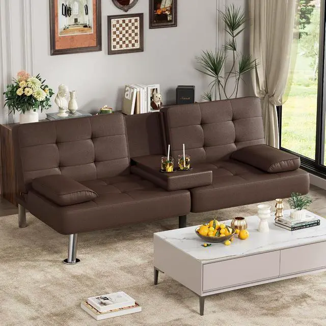 Alt view image 2 of 7 - Faux Leather Futon Sofa Bed Futon Couch with Removable Armrests Adjustable Sleeper Sofa Bed with 2 Cup Holders for Living Room (PU Leather, Brown)