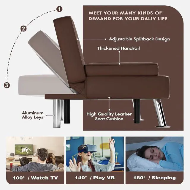 Alt view image 5 of 7 - Faux Leather Futon Sofa Bed Futon Couch with Removable Armrests Adjustable Sleeper Sofa Bed with 2 Cup Holders for Living Room (PU Leather, Brown)