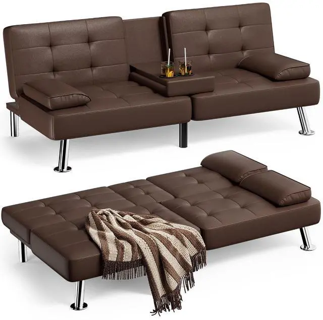 Main image of Faux Leather Futon Sofa Bed Futon Couch with Removable Armrests Adjustable Sleeper Sofa Bed with 2 Cup Holders for Living Room (PU Leather, Brown)