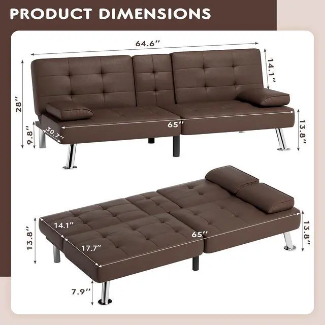 Alt view image 3 of 7 - Faux Leather Futon Sofa Bed Futon Couch with Removable Armrests Adjustable Sleeper Sofa Bed with 2 Cup Holders for Living Room (PU Leather, Brown)