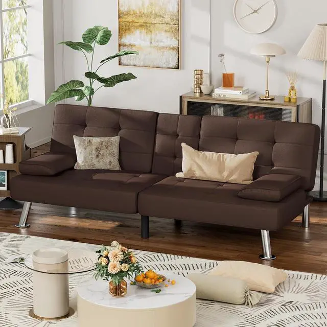 Alt view image 7 of 7 - Faux Leather Futon Sofa Bed Futon Couch with Removable Armrests Adjustable Sleeper Sofa Bed with 2 Cup Holders for Living Room (PU Leather, Brown)