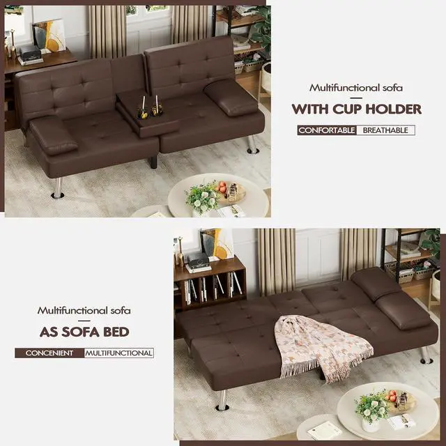 Alt view image 4 of 7 - Faux Leather Futon Sofa Bed Futon Couch with Removable Armrests Adjustable Sleeper Sofa Bed with 2 Cup Holders for Living Room (PU Leather, Brown)