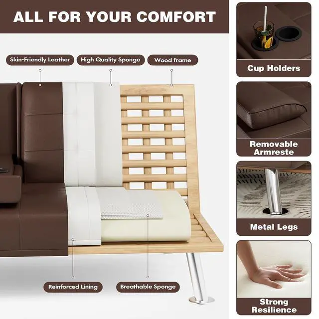 Alt view image 6 of 7 - Faux Leather Futon Sofa Bed Futon Couch with Removable Armrests Adjustable Sleeper Sofa Bed with 2 Cup Holders for Living Room (PU Leather, Brown)