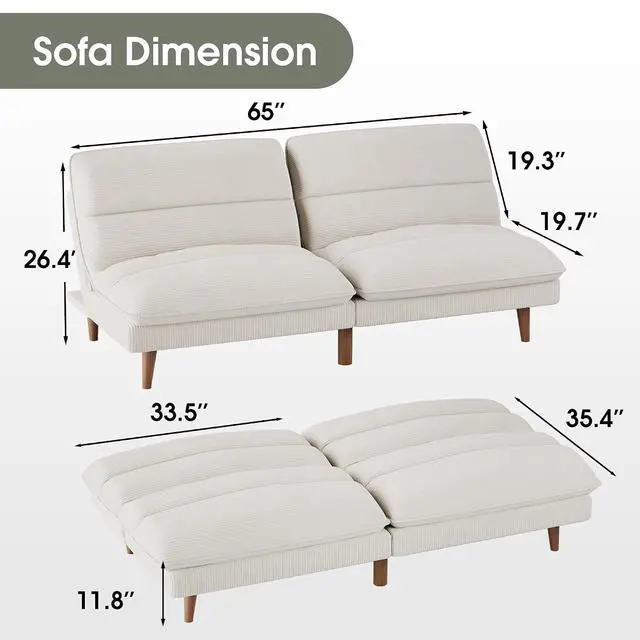 Alt view image 3 of 7 - Futon Couch, Modern Futon Sofa Bed with Adjustable Backrest, Convertible Sleeper Sofa Bed for Small Apartments, Loveseat, Office (Corduroy, Beige)