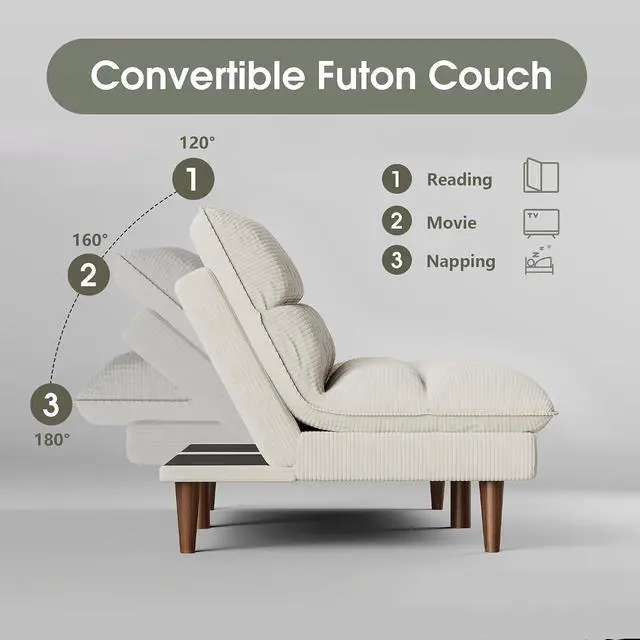 Alt view image 5 of 7 - Futon Couch, Modern Futon Sofa Bed with Adjustable Backrest, Convertible Sleeper Sofa Bed for Small Apartments, Loveseat, Office (Corduroy, Beige)