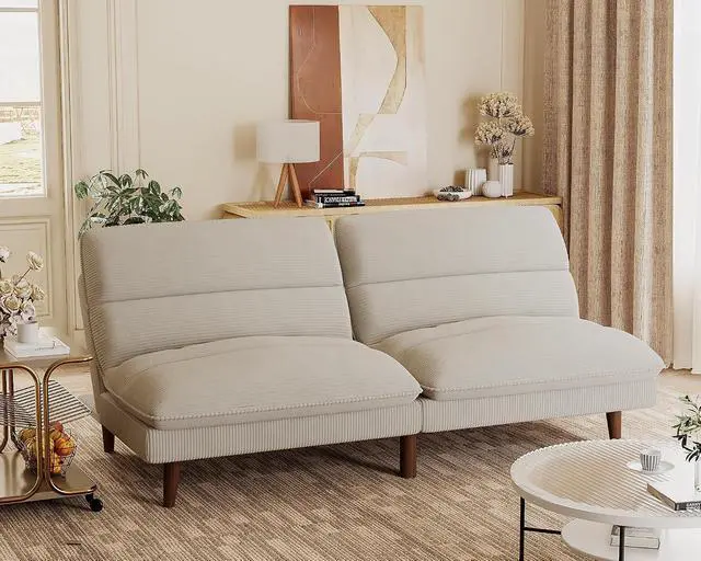Alt view image 2 of 7 - Futon Couch, Modern Futon Sofa Bed with Adjustable Backrest, Convertible Sleeper Sofa Bed for Small Apartments, Loveseat, Office (Corduroy, Beige)