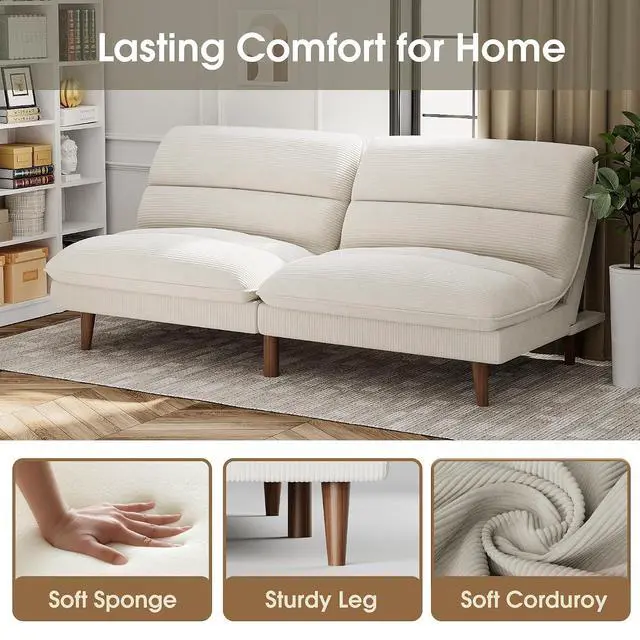 Alt view image 4 of 7 - Futon Couch, Modern Futon Sofa Bed with Adjustable Backrest, Convertible Sleeper Sofa Bed for Small Apartments, Loveseat, Office (Corduroy, Beige)