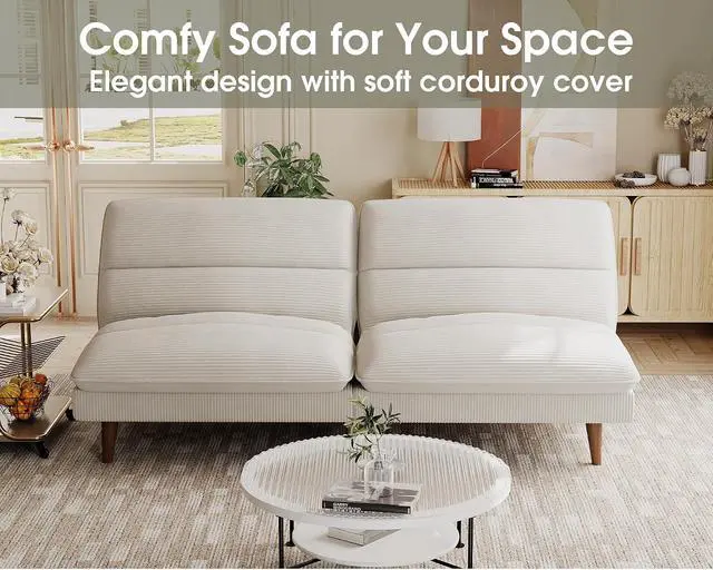 Alt view image 6 of 7 - Futon Couch, Modern Futon Sofa Bed with Adjustable Backrest, Convertible Sleeper Sofa Bed for Small Apartments, Loveseat, Office (Corduroy, Beige)