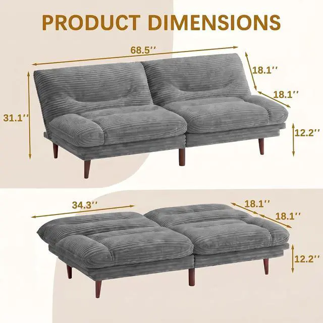 Alt view image 3 of 7 - Futon Sofa Bed,69 Inch Futon Couch Convertible with Adjustable Backrest and Armrests, Recliner Sleeper Sofa for Small Spaces, Living Room, Office, Guest Room (Grey-Corduroy)