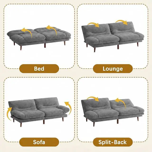 Alt view image 7 of 7 - Futon Sofa Bed,69 Inch Futon Couch Convertible with Adjustable Backrest and Armrests, Recliner Sleeper Sofa for Small Spaces, Living Room, Office, Guest Room (Grey-Corduroy)