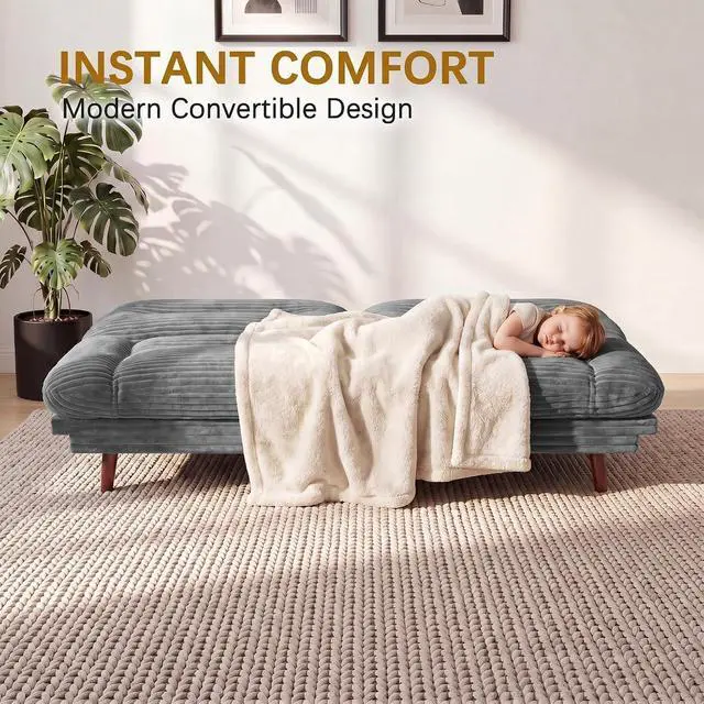 Alt view image 4 of 7 - Futon Sofa Bed,69 Inch Futon Couch Convertible with Adjustable Backrest and Armrests, Recliner Sleeper Sofa for Small Spaces, Living Room, Office, Guest Room (Grey-Corduroy)