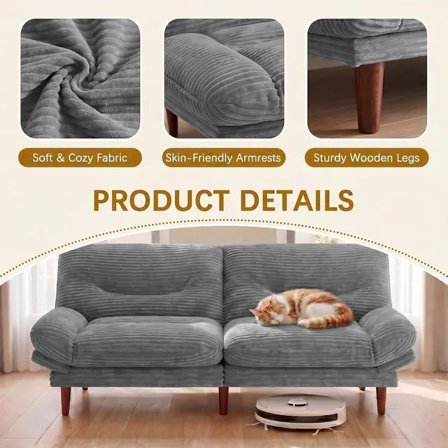 Alt view image 6 of 7 - Futon Sofa Bed,69 Inch Futon Couch Convertible with Adjustable Backrest and Armrests, Recliner Sleeper Sofa for Small Spaces, Living Room, Office, Guest Room (Grey-Corduroy)