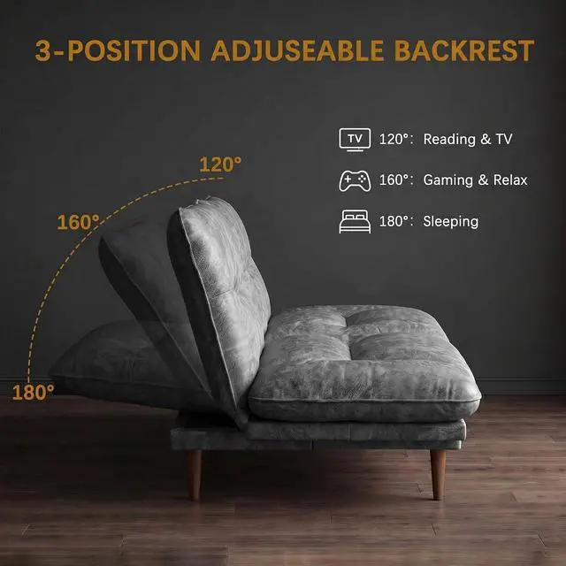 Alt view image 5 of 7 - Futon Sofa Bed,69 Inch Futon Couch Convertible with Adjustable Backrest and Armrests, Recliner Sleeper Sofa for Small Spaces, Living Room, Office, Guest Room (Grey-PU Leather)