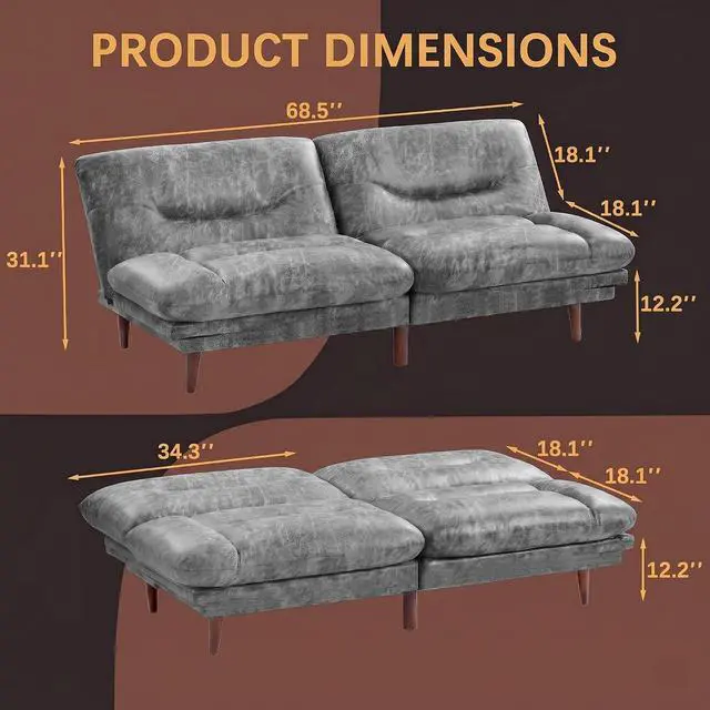 Alt view image 3 of 7 - Futon Sofa Bed,69 Inch Futon Couch Convertible with Adjustable Backrest and Armrests, Recliner Sleeper Sofa for Small Spaces, Living Room, Office, Guest Room (Grey-PU Leather)