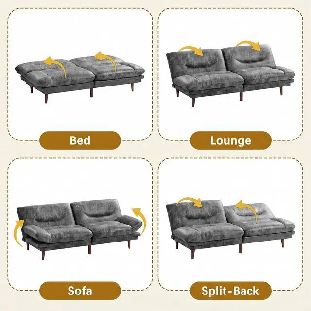 Alt view image 7 of 7 - Futon Sofa Bed,69 Inch Futon Couch Convertible with Adjustable Backrest and Armrests, Recliner Sleeper Sofa for Small Spaces, Living Room, Office, Guest Room (Grey-PU Leather)