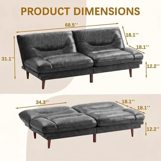 Alt view image 3 of 7 - Futon Sofa Bed,69 Inch Futon Couch Convertible with Adjustable Backrest and Armrests, Recliner Sleeper Sofa for Small Spaces, Living Room, Office, Guest Room (Black-PU Leather)