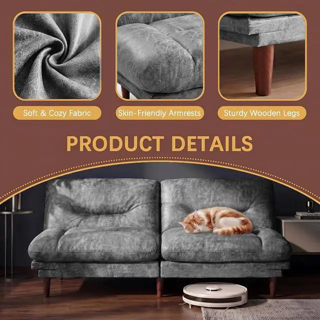 Alt view image 6 of 7 - Futon Sofa Bed,69 Inch Futon Couch Convertible with Adjustable Backrest and Armrests, Recliner Sleeper Sofa for Small Spaces, Living Room, Office, Guest Room (Grey-PU Leather)