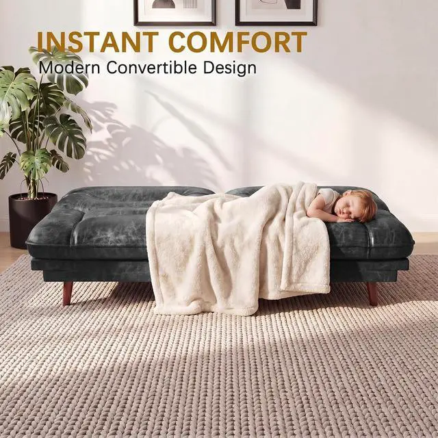 Alt view image 4 of 7 - Futon Sofa Bed,69 Inch Futon Couch Convertible with Adjustable Backrest and Armrests, Recliner Sleeper Sofa for Small Spaces, Living Room, Office, Guest Room (Black-PU Leather)