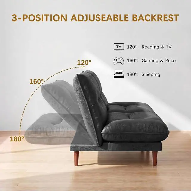 Alt view image 5 of 7 - Futon Sofa Bed,69 Inch Futon Couch Convertible with Adjustable Backrest and Armrests, Recliner Sleeper Sofa for Small Spaces, Living Room, Office, Guest Room (Black-PU Leather)