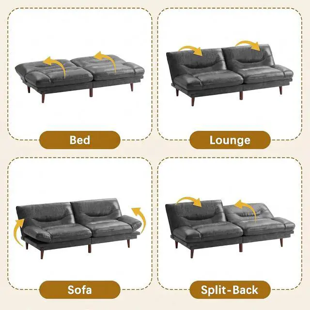 Alt view image 7 of 7 - Futon Sofa Bed,69 Inch Futon Couch Convertible with Adjustable Backrest and Armrests, Recliner Sleeper Sofa for Small Spaces, Living Room, Office, Guest Room (Black-PU Leather)