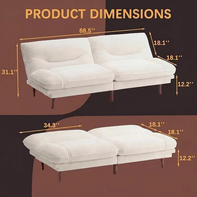 Alt view image 3 of 7 - Futon Sofa Bed,69 Inch Futon Couch Convertible with Adjustable Backrest and Armrests, Recliner Sleeper Sofa for Small Spaces, Living Room, Office, Guest Room (Beige-Corduroy)
