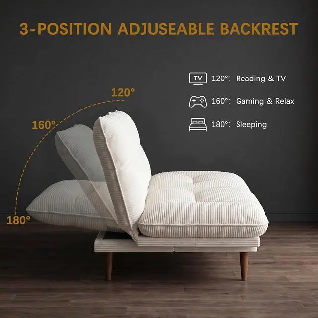 Alt view image 5 of 7 - Futon Sofa Bed,69 Inch Futon Couch Convertible with Adjustable Backrest and Armrests, Recliner Sleeper Sofa for Small Spaces, Living Room, Office, Guest Room (Beige-Corduroy)