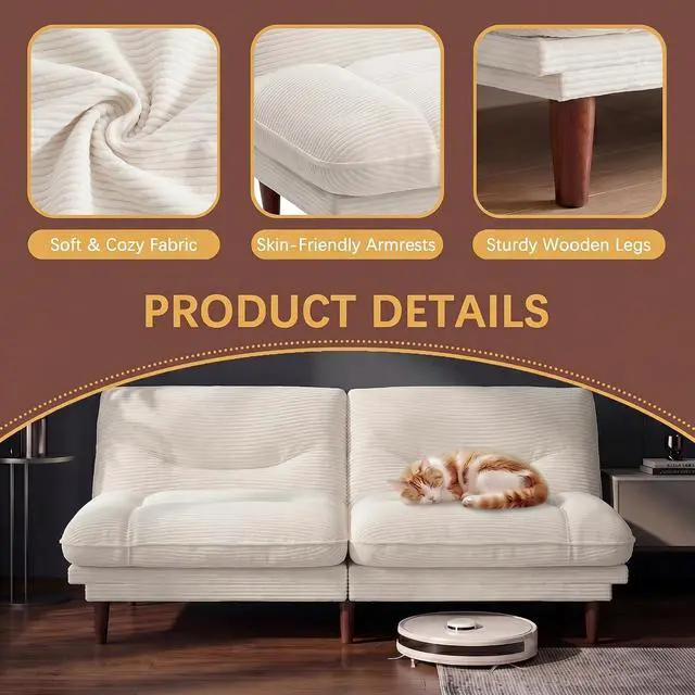 Alt view image 6 of 7 - Futon Sofa Bed,69 Inch Futon Couch Convertible with Adjustable Backrest and Armrests, Recliner Sleeper Sofa for Small Spaces, Living Room, Office, Guest Room (Beige-Corduroy)