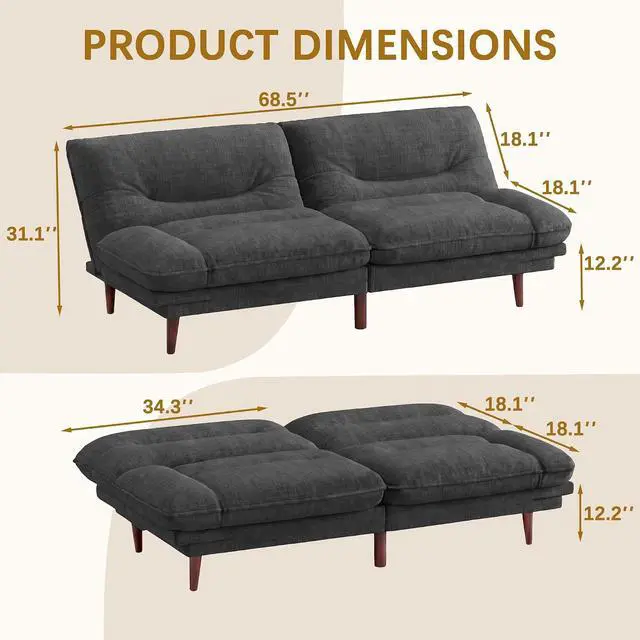 Alt view image 3 of 7 - Futon Sofa Bed,69 Inch Futon Couch Convertible with Adjustable Backrest and Armrests, Recliner Sleeper Sofa for Small Spaces, Living Room, Office, Guest Room (Light Grey-LinenLike)