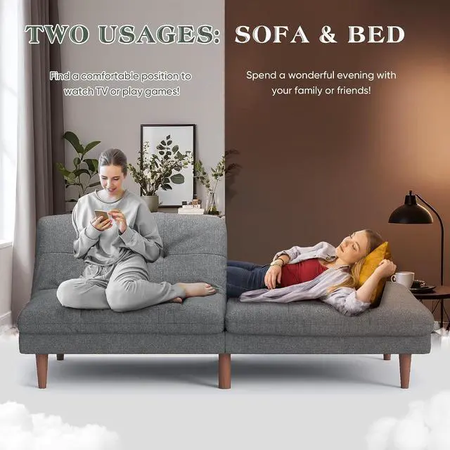 Alt view image 6 of 7 - Futon Sofa Bed Modern Linen Couch Convertible Folding Futon Reclining Sleeper Sofa Couch for Small Space Apartment Loveseat with Adjustable Backrest (Dark Grey)
