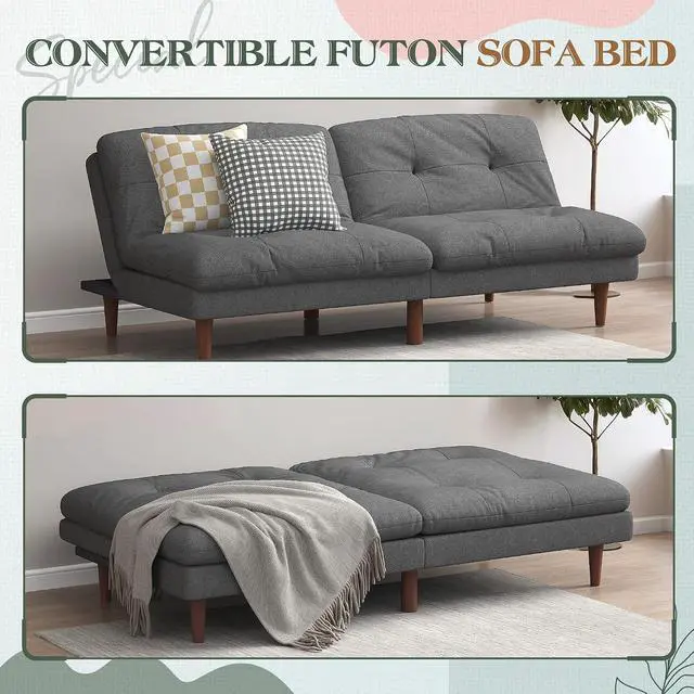 Alt view image 4 of 7 - Futon Sofa Bed Modern Linen Couch Convertible Folding Futon Reclining Sleeper Sofa Couch for Small Space Apartment Loveseat with Adjustable Backrest (Dark Grey)