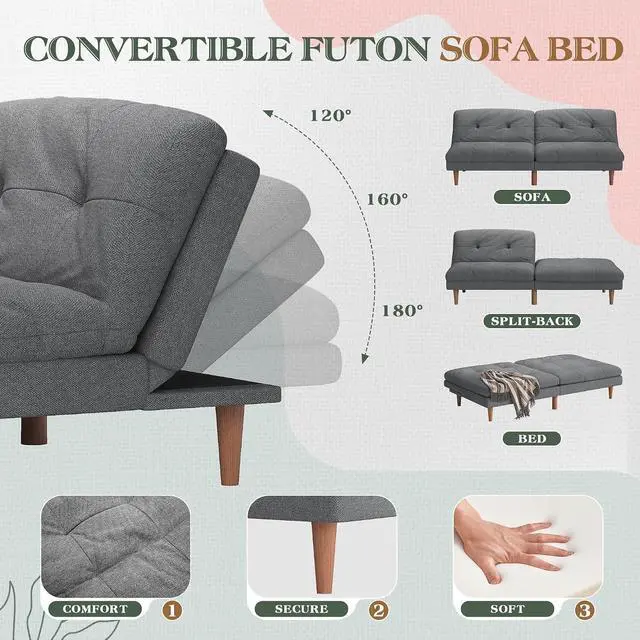 Alt view image 5 of 7 - Futon Sofa Bed Modern Linen Couch Convertible Folding Futon Reclining Sleeper Sofa Couch for Small Space Apartment Loveseat with Adjustable Backrest (Dark Grey)