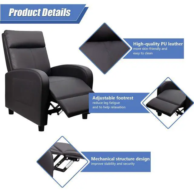Alt view image 6 of 7 - Modern PU Leather Recliners Chair Adjustable Home Theater Seating with Sofa Padded Cushion (Black), 72P0BK
